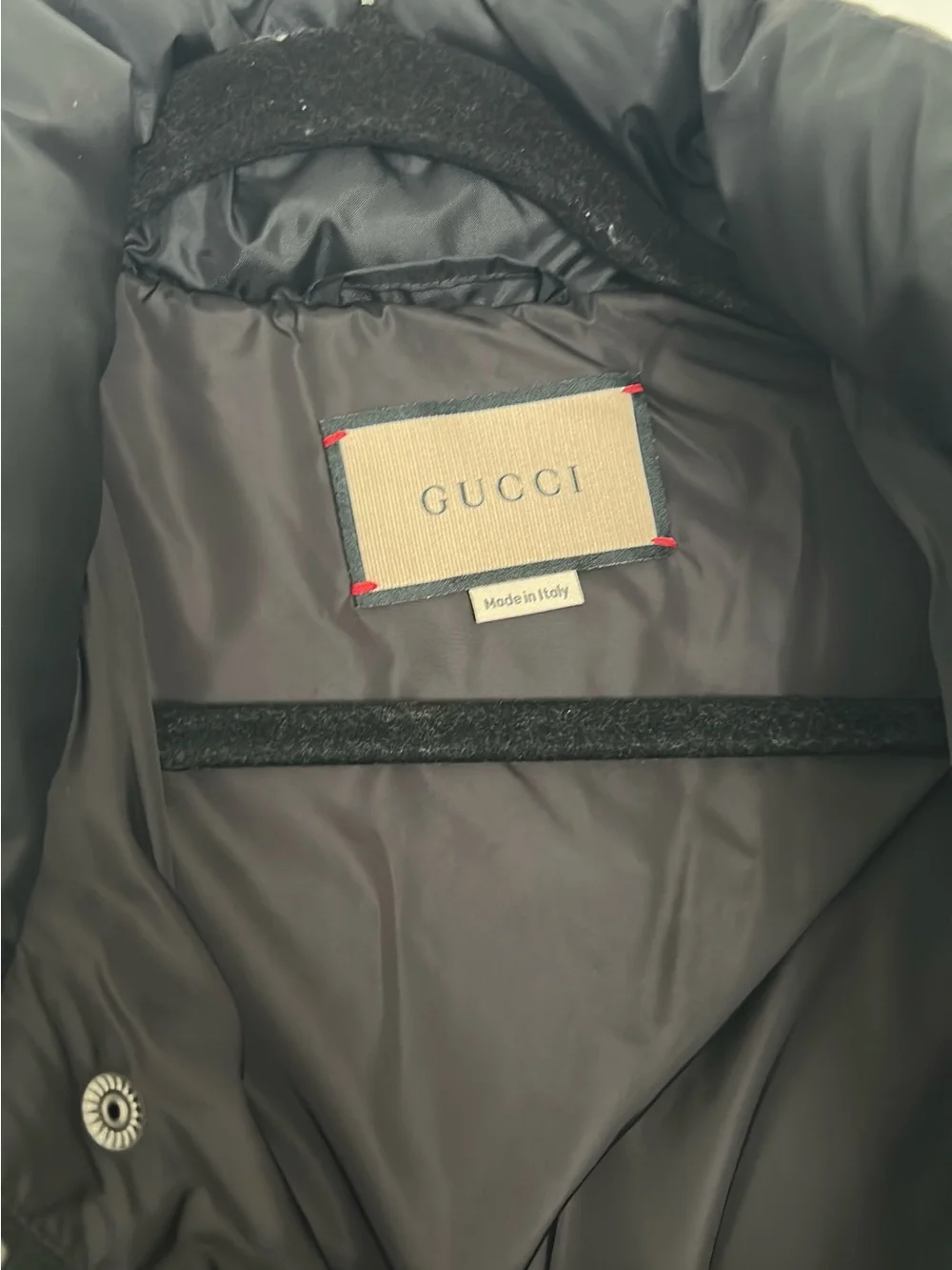Gucci Black Puffer Jacket with Green and Red Web Stripe